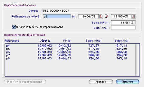 la liste des rapprochements bancaires dans ciel compta mac